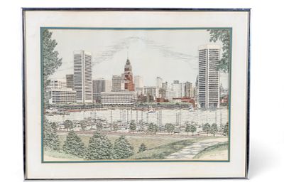 Signed Martin Berry Skyline Lithograph Baltimore. Framed lithograph of Baltimore's Inner Harbor 