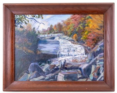 Signed Oil on Canvas of Waterfall. Original oil on canvas landscape painting depicting a 