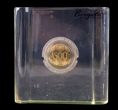 Vintage Casio Token Paperweight. A lucite encased Borgato casino token value "$500". Condition: 