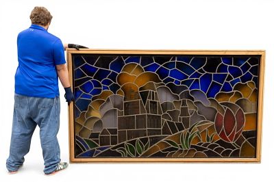 Large Stained Glass Light Panel in Frame. Large decorated stained glass panel featuring a 