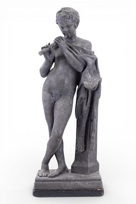 Bronzed Spelter Figural Sculpture Boy w/Flute. Bronzed hollow cast metal figural sculpture 