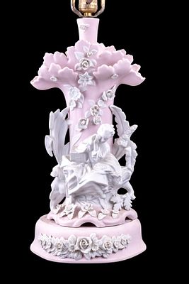 Paul & Virginia Pink Figural Lamp, Vintage. A fine pink and white mid century bisque porcelain 