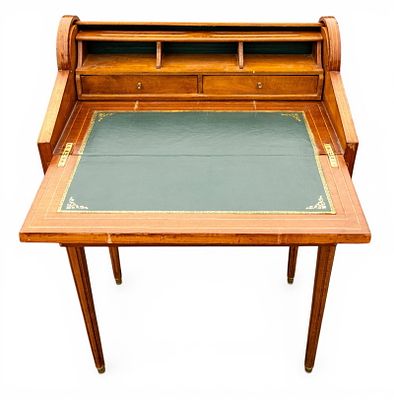 Inlaid French Ladies Desk w/ Mechanical Roll. Vintage French inlaid ladies desk. Some veneer 