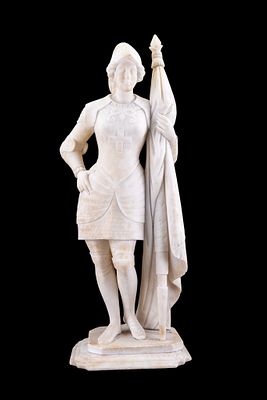 Stone Statue of Joan of Arc with Base. Stone statue depicting Joan of Arc standing with a flag 