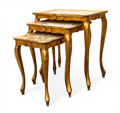 3 Florentine-Style Nesting Tables. 3 Florantine-style painted gold nesting tables. Largest 