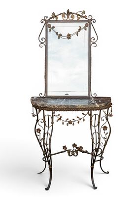 Marble Top Table Cast Iron Base. Also includes a mirror like it is an entry table. Has floral 