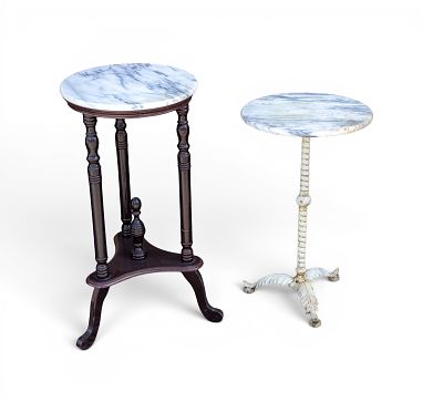 Marble Top Tables (2) Garden, Inside. Both are tripod bases. Indoor table with wood base approx 