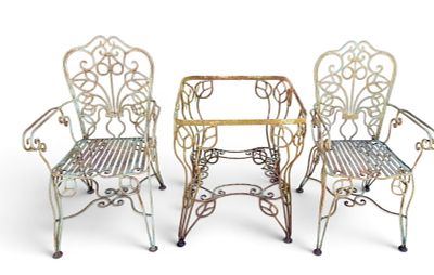 Unusual Arts and Crafts Wrought Table & Chairs. Unusual hand wrought arts and crafts garden 
