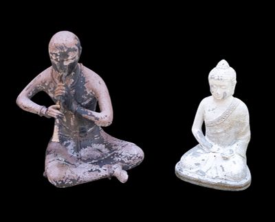 2 Figural Garden Statues. 2 figural garden statues comprising one larger example in concrete 