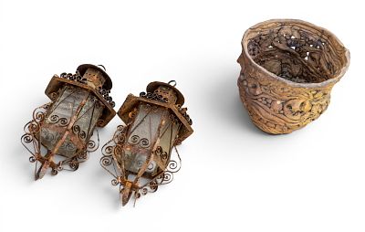 2 Cast Metal Outdoor Lanterns, Metal Urn. 2 cast metal outdoor lanterns along with a metal urn. 