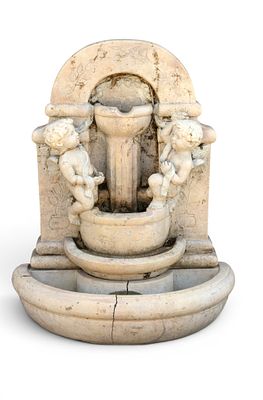 2-Piece Concrete Garden Fountain. 2-piece concrete garden fountain with cherub motifs. Bottom 