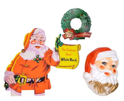 Vintage Holiday Ad Displays and Santa Wall Decor. Three holiday-themed items: a Canada Dry 