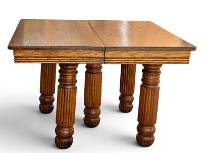 Antique Oak Dining Table, w/ Leaves ~8' L. Large antique oak dining table featuring carved wood 