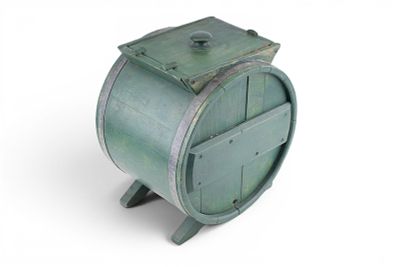 Antique Counter Top Butter Churn. An antique green painted wood counter top butter churn barrel. 