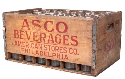 Asco Beverages Wooden Crate with Glass Bottles. Two Wooden crate branded with Asco Beverages 