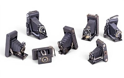 Early 20th C Folding 120 Film Cameras. A collection of early 20th C folding film cameras 