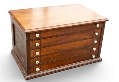 Walnut 5-Drawer Spool Cabinet. Walnut 5-drawer spool cabinet with porcelain knobs. Measures 