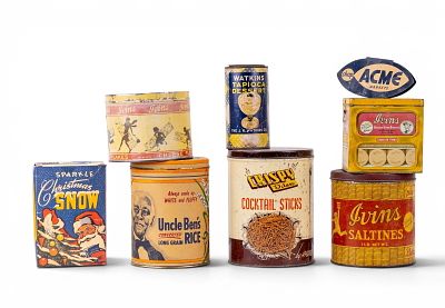 Early Food Tins & later Rice Tin. Early Watkins Tapioca Dessert tin from J.R. Watkins Co.; early 