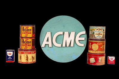 Vintage Advertising Tins and Signage. Vintage advertising items, including an ACME-branded 