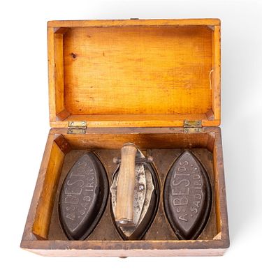 Asbestos Sad Irons in Case (3 Pc.). Three asbestos sad irons in wooden box. Box measures approx. 