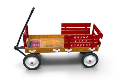 Vintage Grand Kids Express Stake Body Wagon. Wooden stake body wagon labeled 'Grand Kids 