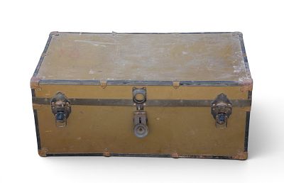 Vintage Metal Steamer Trunk with Wood Interior. Vintage metal foot locker or steamer trunk 