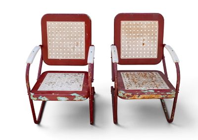 Metal Lawn Chairs with Woven Design Seats. Vintage-style metal lawn chairs featuring square 