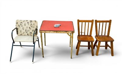 Child Size Vintage Furniture Grouping. Four vintage children's items: two wooden chairs (11 in W 