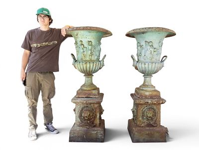 Pair Neoclassical Cast Iron Lion Head Urns ~5' H. Neoclassical cast iron urns over 5' H 