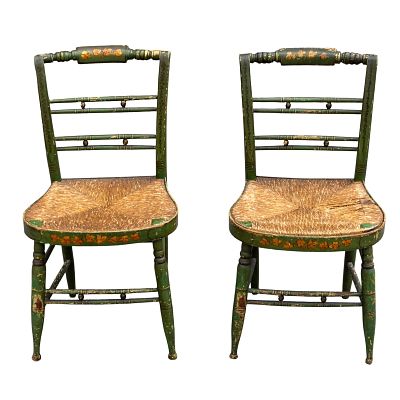 Pair Antique 19th C Hitchcock Rush Seat Chairs. Quality antique 19th century wooden stenciled 