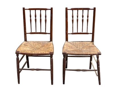 Pair Antique 19th C Spindle Back Rush Seat Chairs. 2 antique 19th century side chairs with 