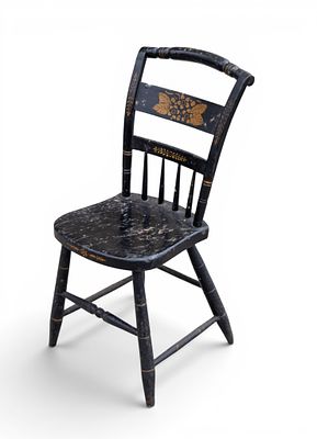Antique Stenciled Side Chair. Stenciled wooden side chair with floral motif leaves and nuts in 