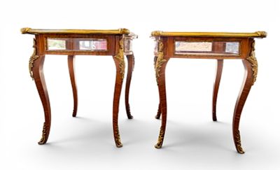 French Curio Side Tables w/ Ormolu Mounts. French-style curio side tables with gold-painted 