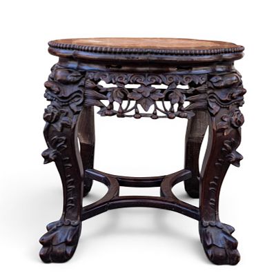 Chinese Rosewood Carved Table w/ Marble Top. Chinese rosewood side table featuring round 