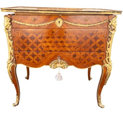 French Writing Desk with Inlay and Mounts. Intricately designed writing desk featuring 