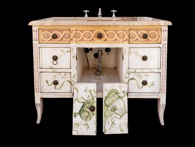 20C Marble Top Commode. 20th century polychrome-painted marble top commode converted to a sink 