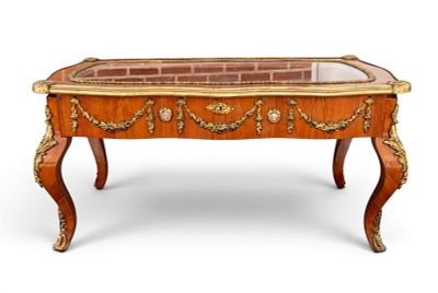 French-Style Coffee Table w/ Bronze Mounts. French-style coffee table featuring a central 