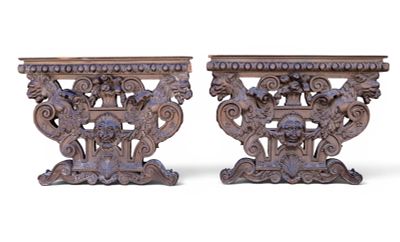 Antique High Relief Carved Wood Table Pedestals. A pair of highly carved high relief wooden 