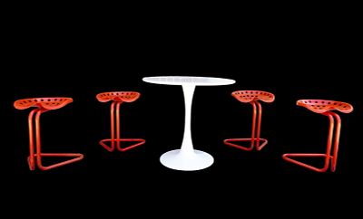 Contemporary Tulip Table & Tractor Stools. Contemporary white veneer MCM style Tulip table, note 