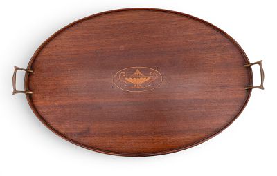 Mahogany Inlaid Oval Serving Tray. Oval mahogany serving tray with brass handles and central 