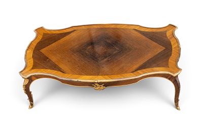 Inlaid French Tea Table Tray w/ Ormolu Mounts. Item measures 28.5" x 17" x 8". One leg needs 