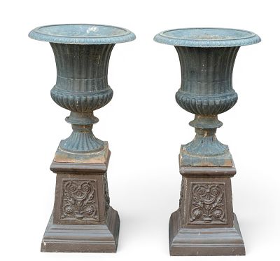 Pair of Neoclassical-style Urns on Bases. Large scale pair of neoclassical-style cast iron 