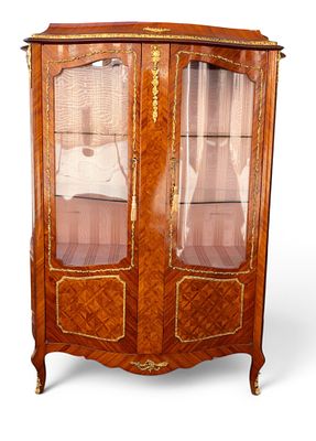 French Vitrine Cabinet w/ Marquetry Inlay. French / French-style display / curio cabinet with 