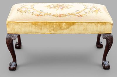 19C Upholstered Window Bench. 19th century carved mahogany window seat with ball and claw feet 