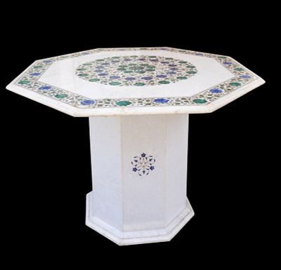 Marble Pedestal Table w/ Semi-Precious Stone Inlay. Two-piece solid marble table featuring an 