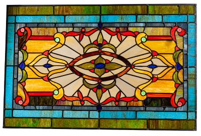 Large Leaded & Stained Glass Window Panel. Large leaded, jeweled, and stained glass window panel 