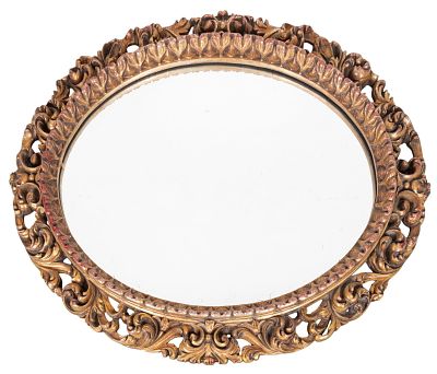 Large Oval Gilt Wood Mirror ~4' H. 49" x 39.5" in ovular form, some wear to gilding as seen in 