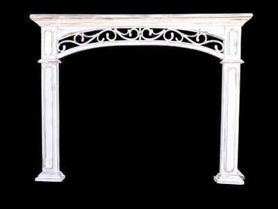 Vintage Fireplace Surround with Mantel. White-painted wood fireplace surround with mantel and 