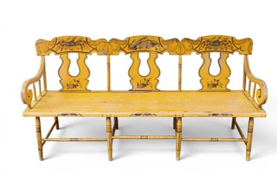 Paint Decorated Deacon's Bench. Decorated painted wooden deacon's bench in a mustard yellow 