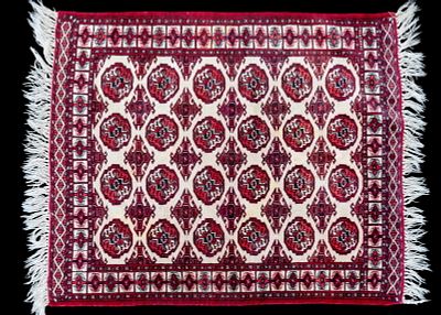 Hand-Knotted Turkman Rug. Hand-knotted Turkman area rug in red and cream tones. Measures approx. 